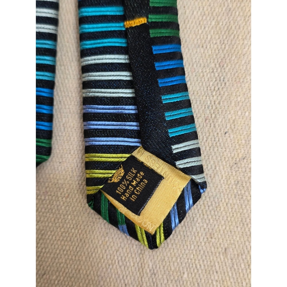 Countess Mara Mens Silk Tie Blue Green Yellow Black Striped Handmade Necktie - Picture 4 of 8